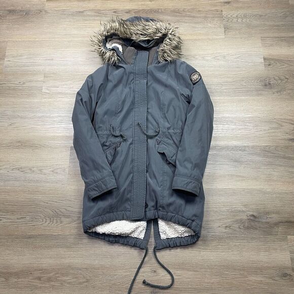 Abercrombie & Fit Jacket Womens Medium Gray Parka Fur Utility Outerwear Fleece - Picture 1 of 10